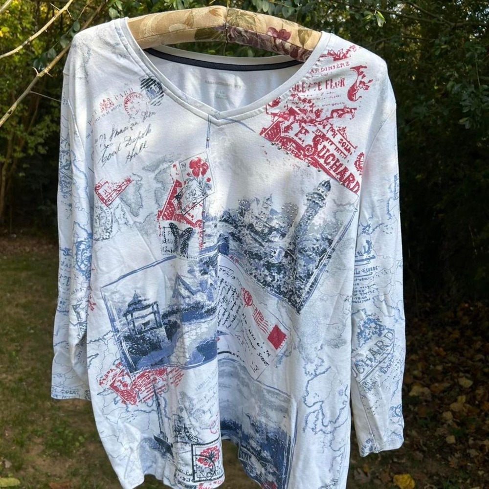White and blue graphic print mid length sleeve cotton shirt